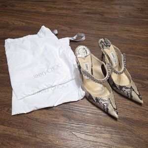 Jimmy Choo Bing 100 Snake Print Leather Mules Heels 38 8 Best Fit 7